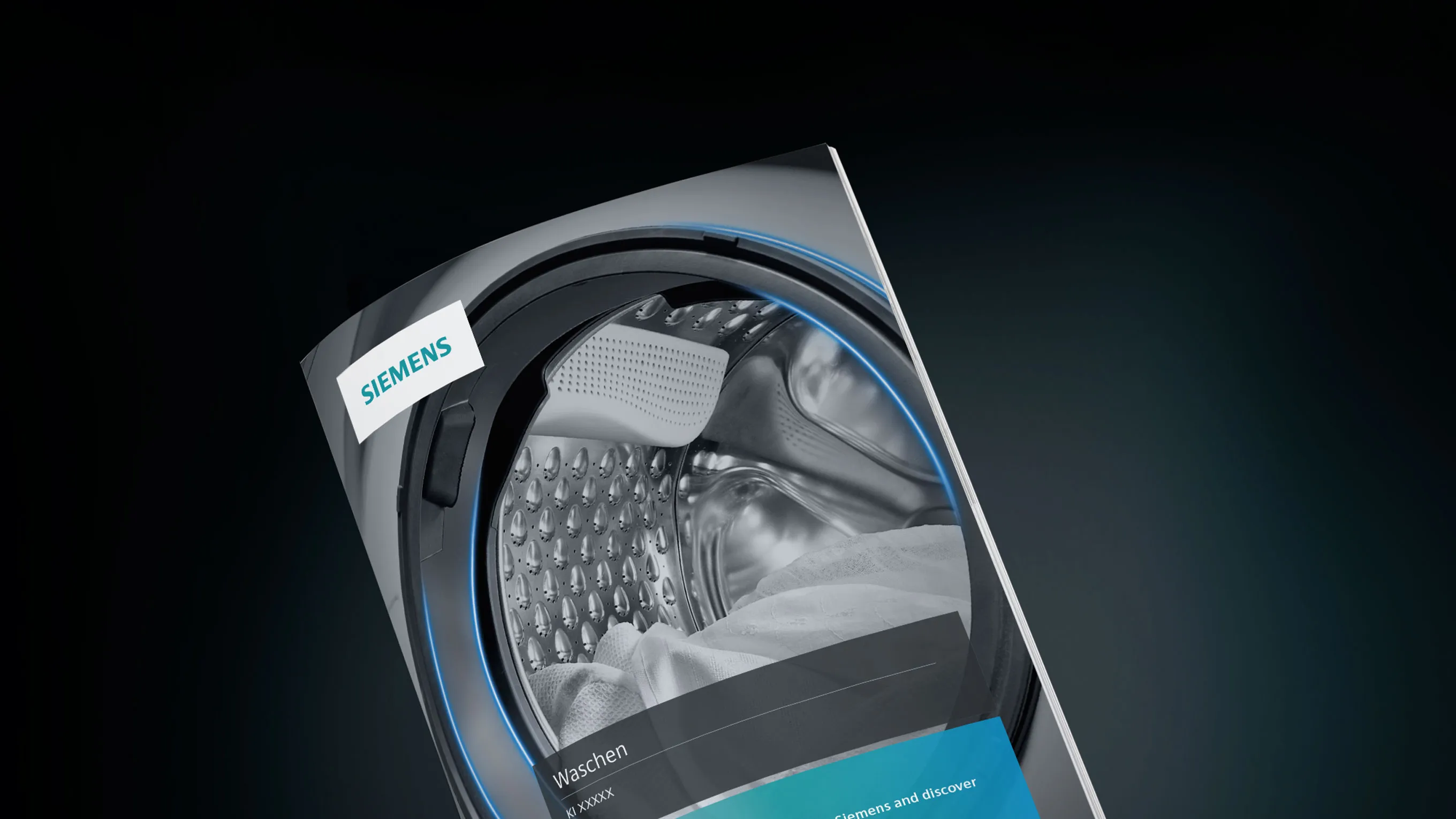 Washing machine drum, Siemens brand, close-up view, dark background, household appliance.