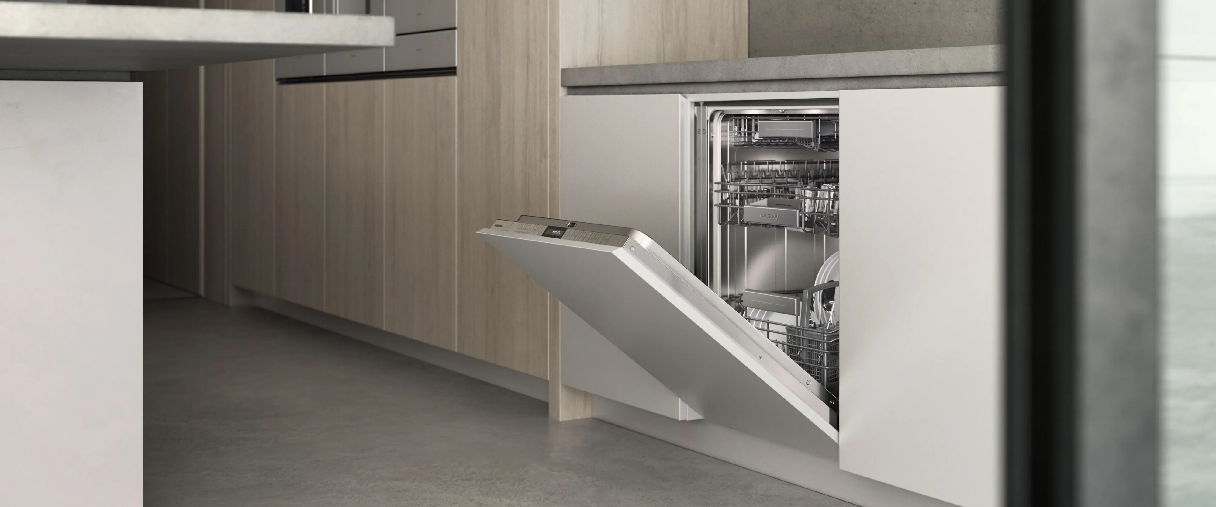 A Gaggenau 200 series dishwasher in a bright modern kitchen
