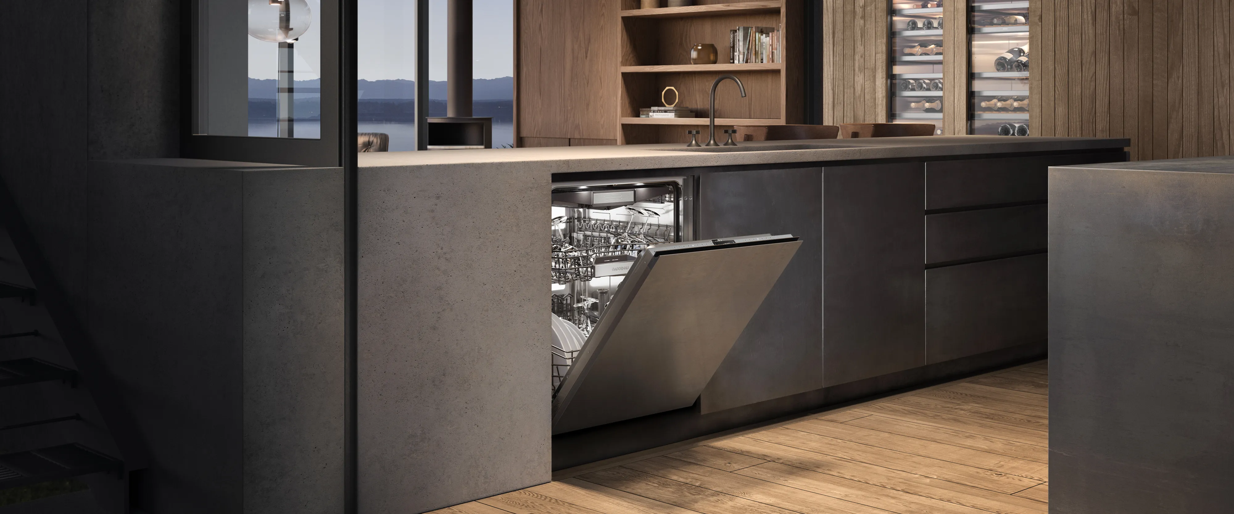 A Gaggenau 400 series dishwasher in a modern kitchen