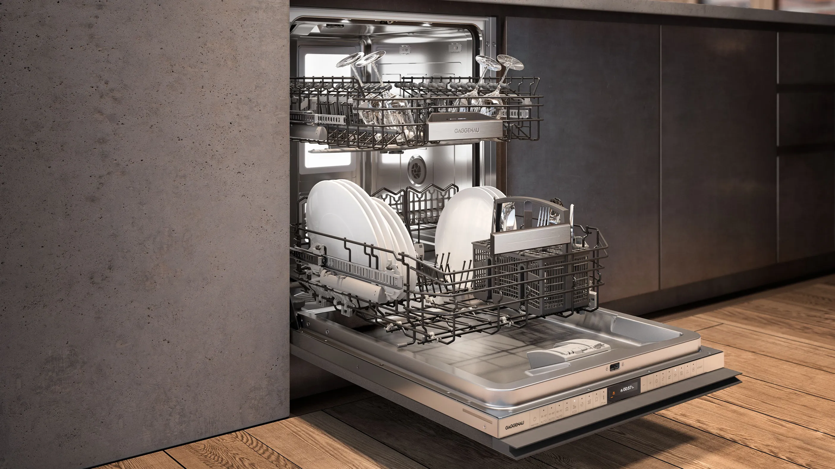 An open Gaggenau 400 series dishwasher in a modern kitchen