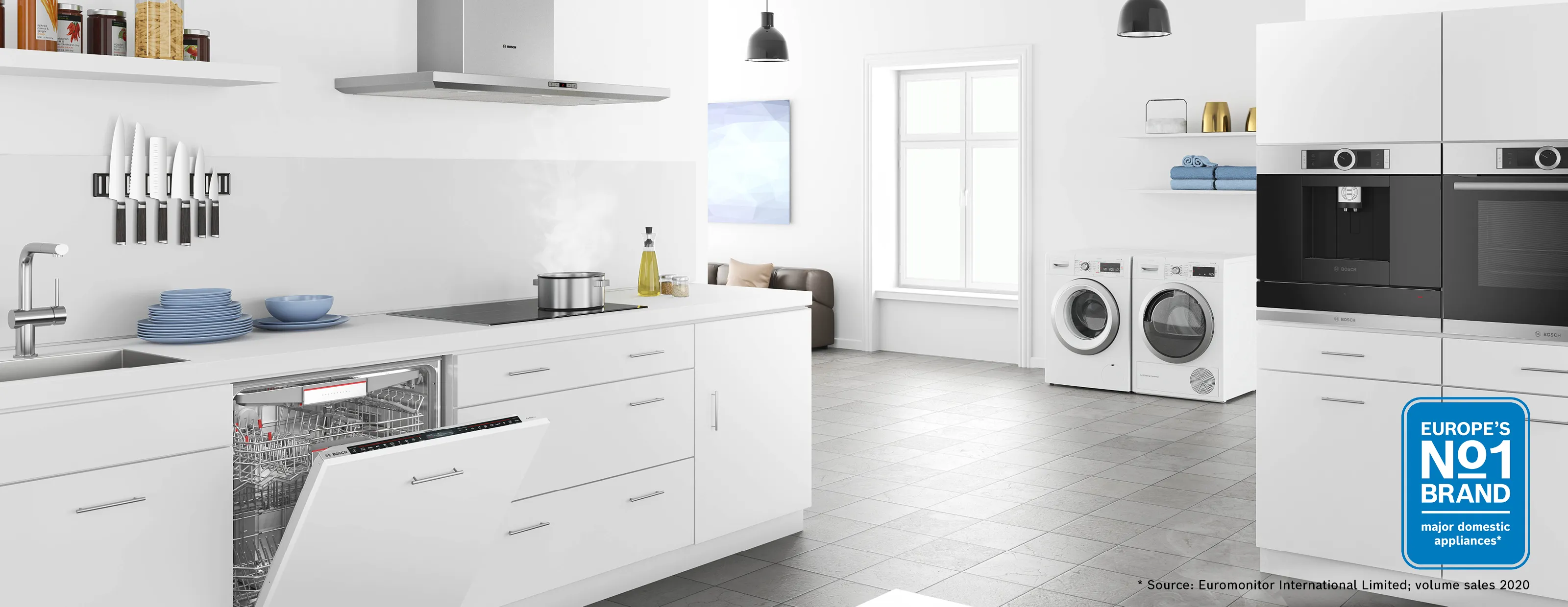 Bright white kitchen with Bosch appliances