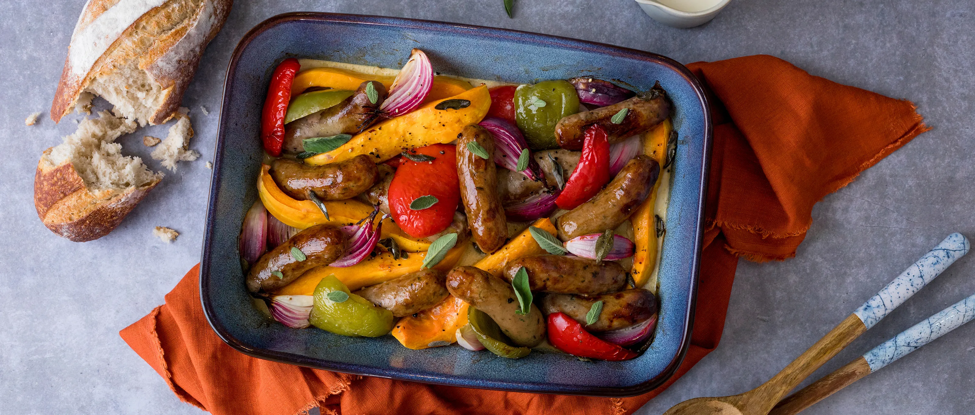 Roasted Sausage and Butternut Supper in oven dish