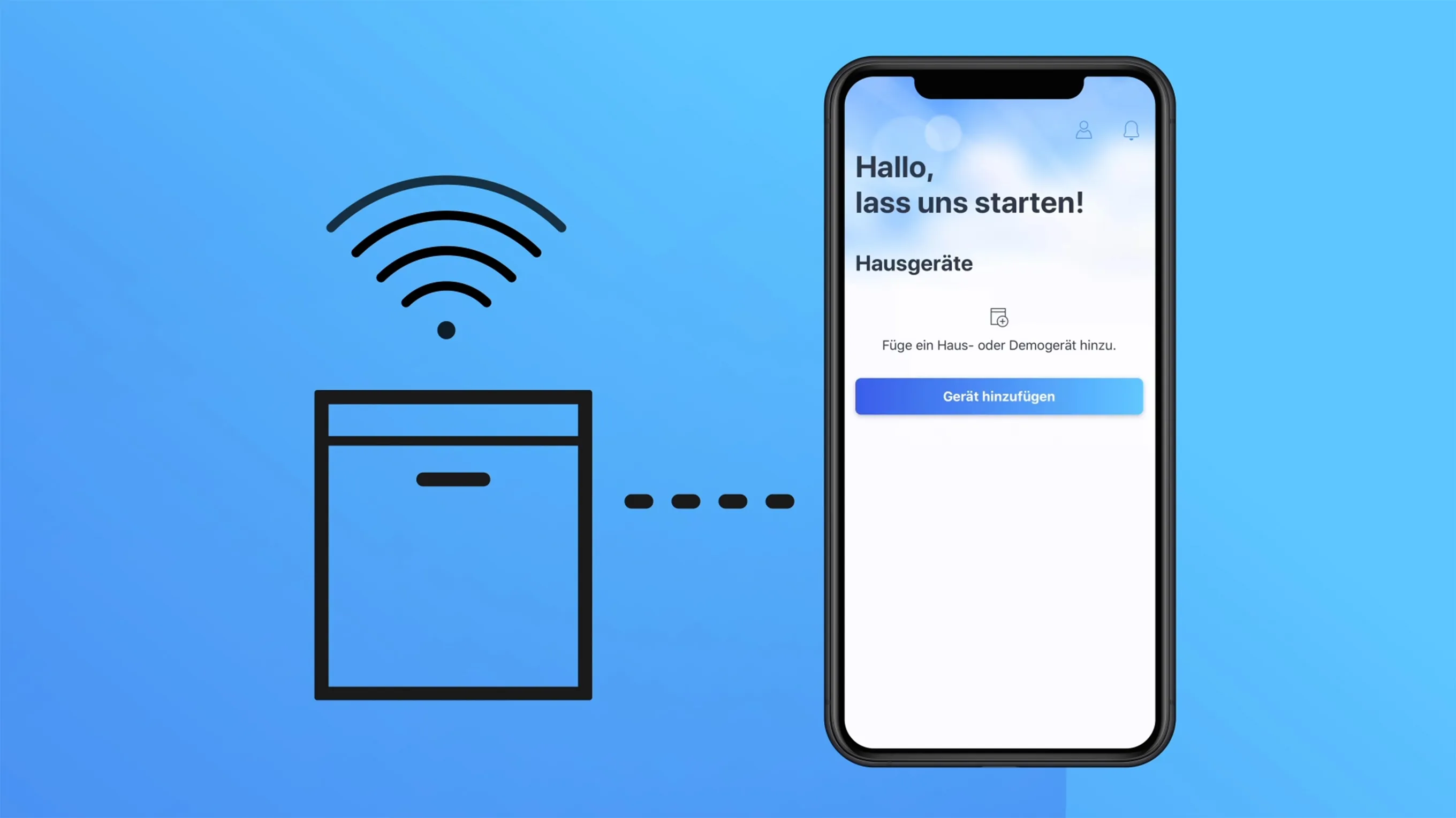 Smartphone mit einer Smart Home App, verbunden mit einem Wireless Router-Symbol, auf einem blauen Hintergrund.