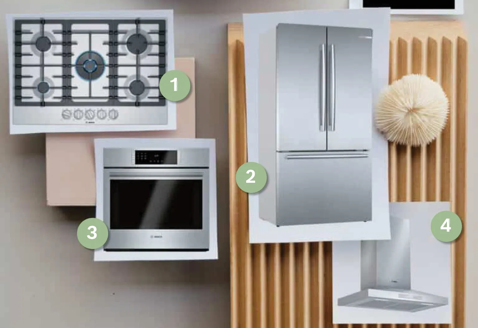Collage of Bosch kitchen appliances: stove top, double-door fridge, oven, and hood.