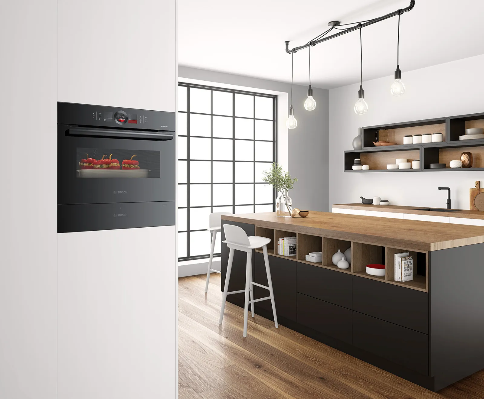 Moderna kuhinja opremljena z Bosch accent line aparati.