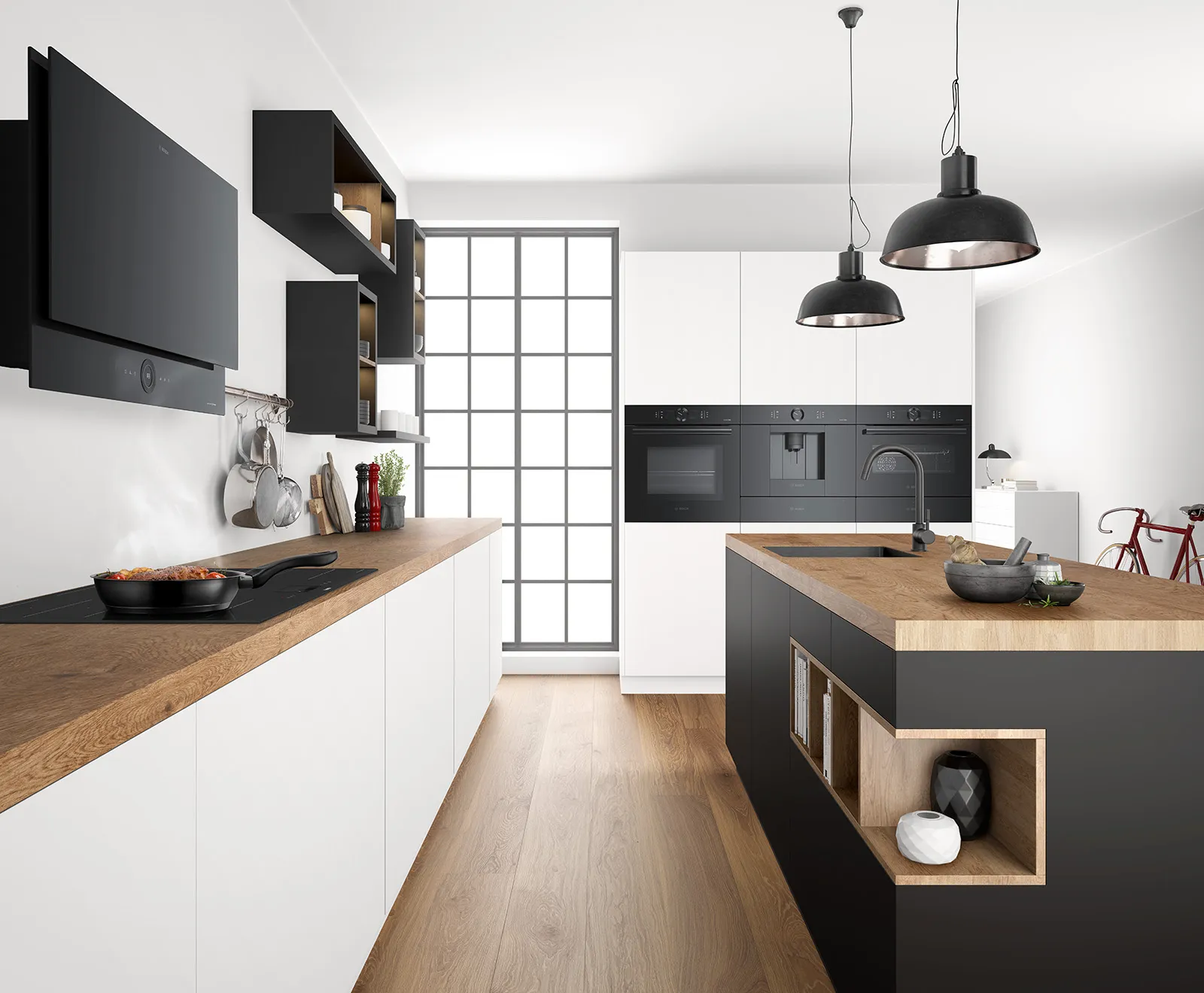 Moderna kuhinja opremljena z Bosch accent line produkti.