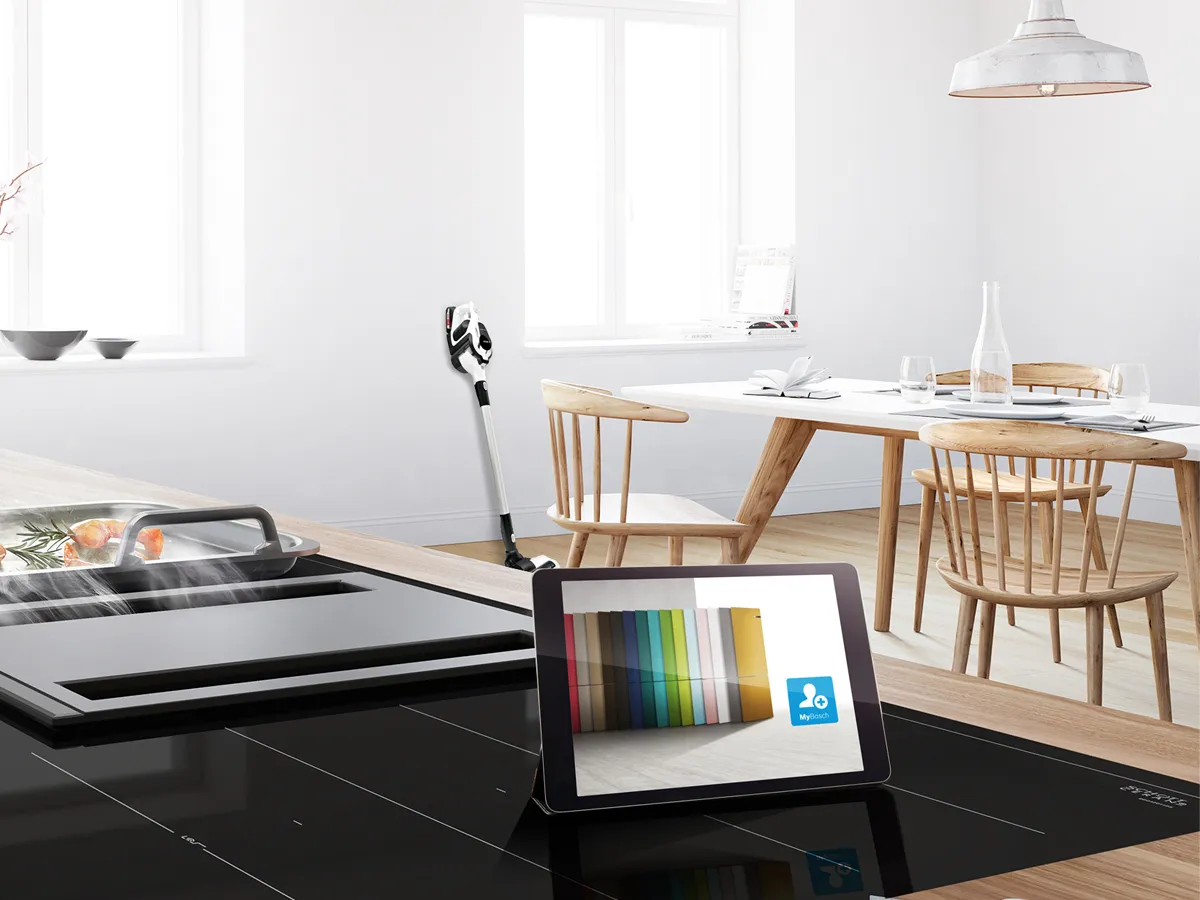 Features video guide on a tablet sat on a kitchen countertop