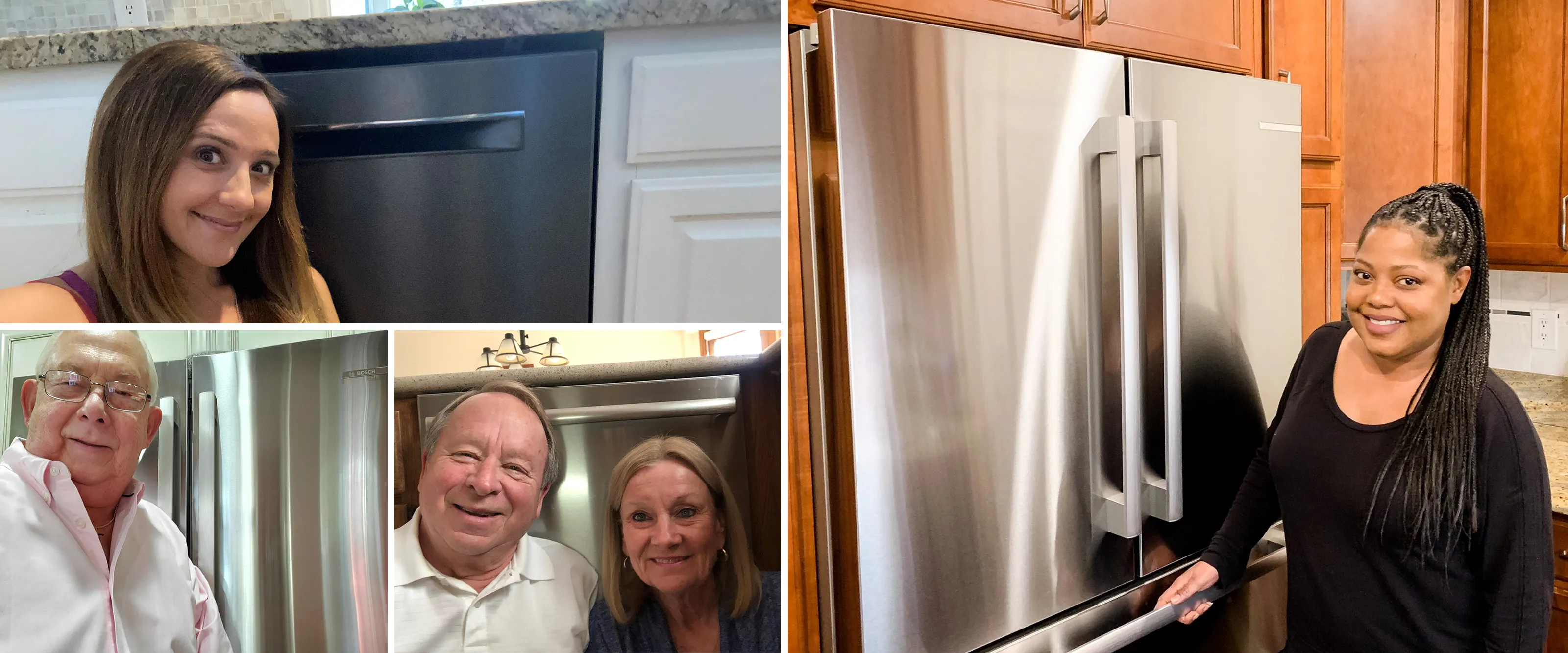 Collage of people posing with modern stainless steel refrigerators and dishwashers.
