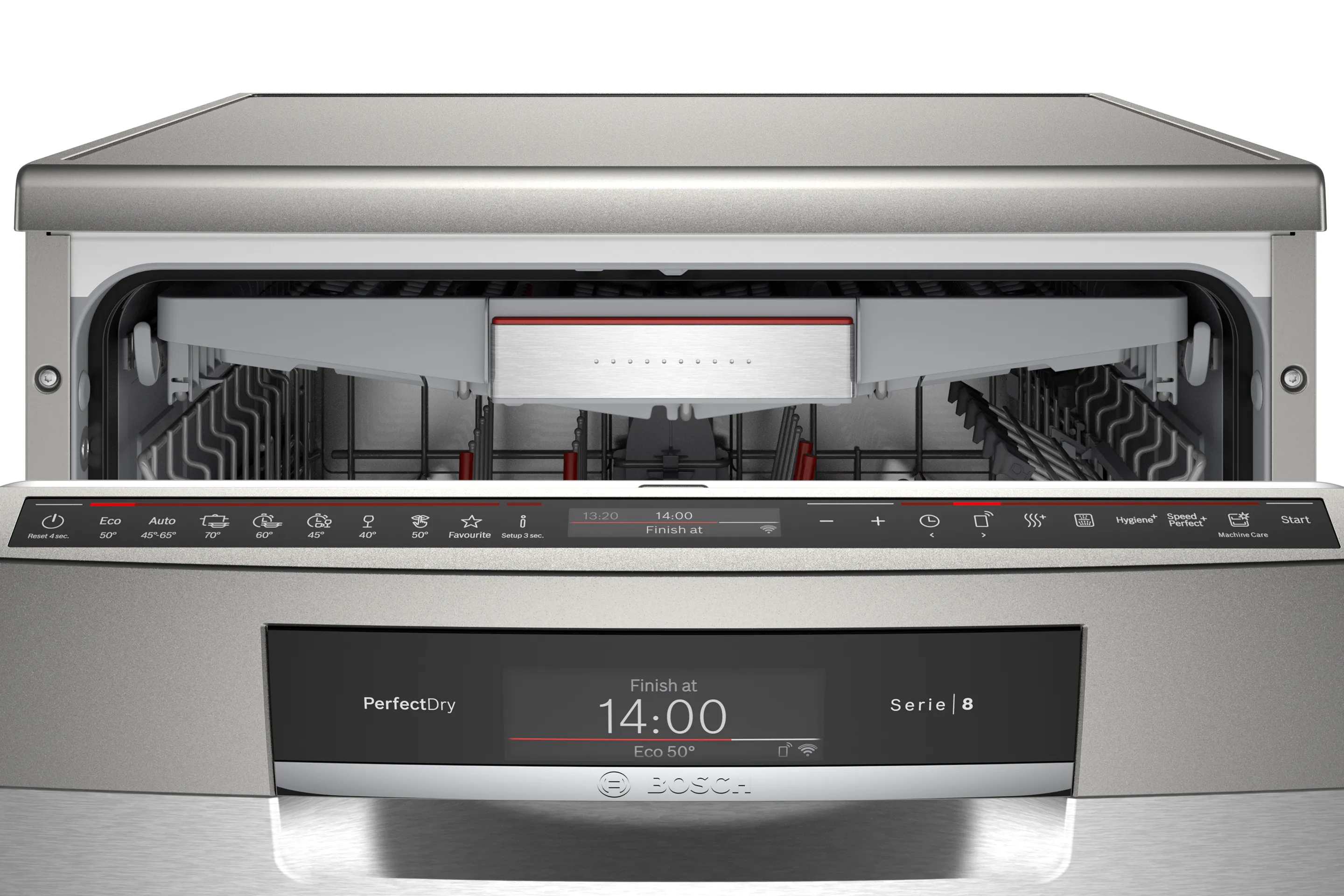 Front screen of dishwasher with icon above saying up to 66% faster