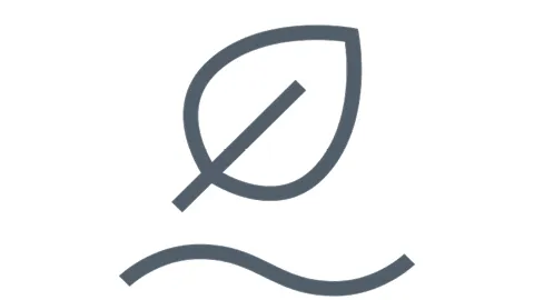 Icon of a leaf above a wavy line on a white background, symbolizing eco-friendliness.