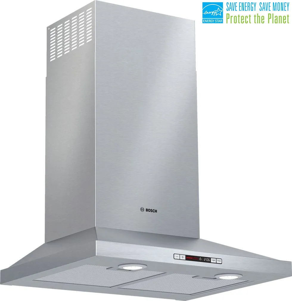 Bosch stainless steel range hood with digital controls and Energy Star certification.