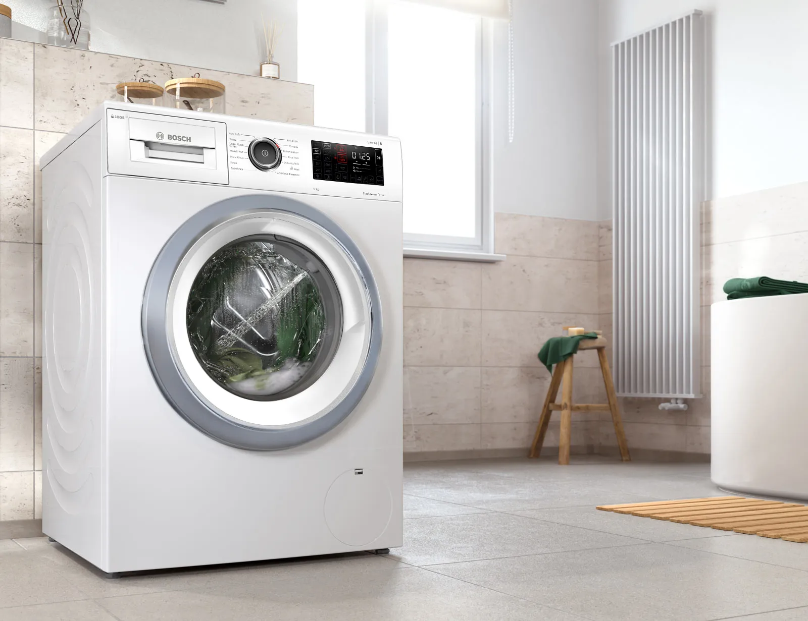 Washing machine in the bathroom.