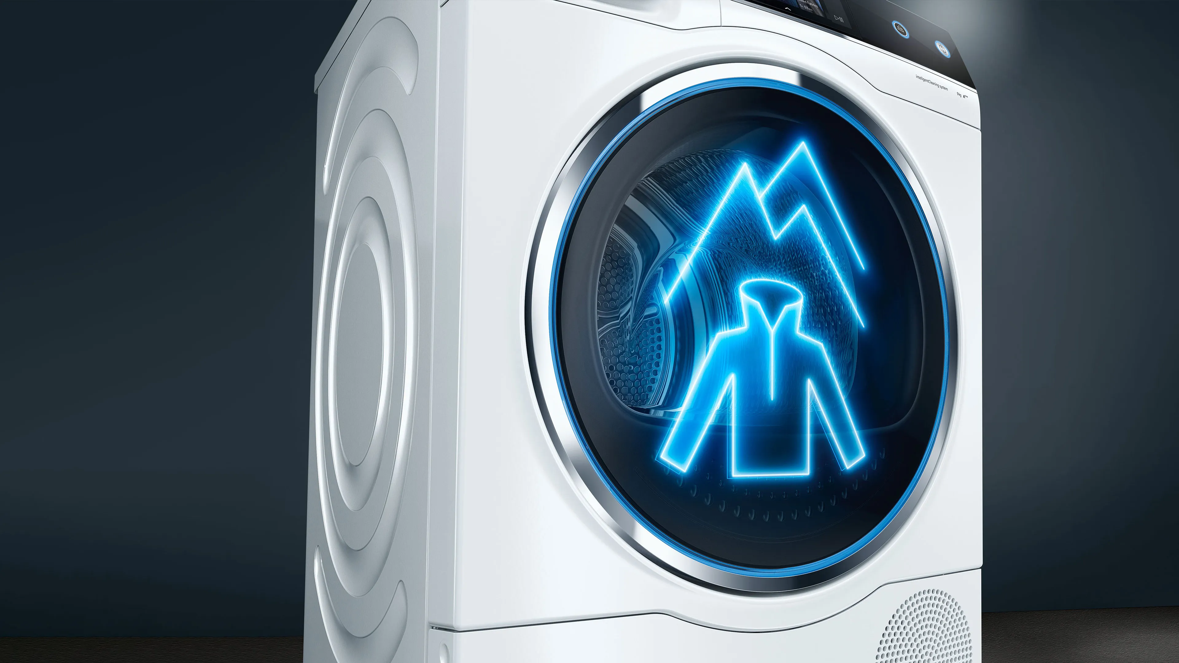 Futuristic washing machine with glowing blue holographic interface and abstract human icon.