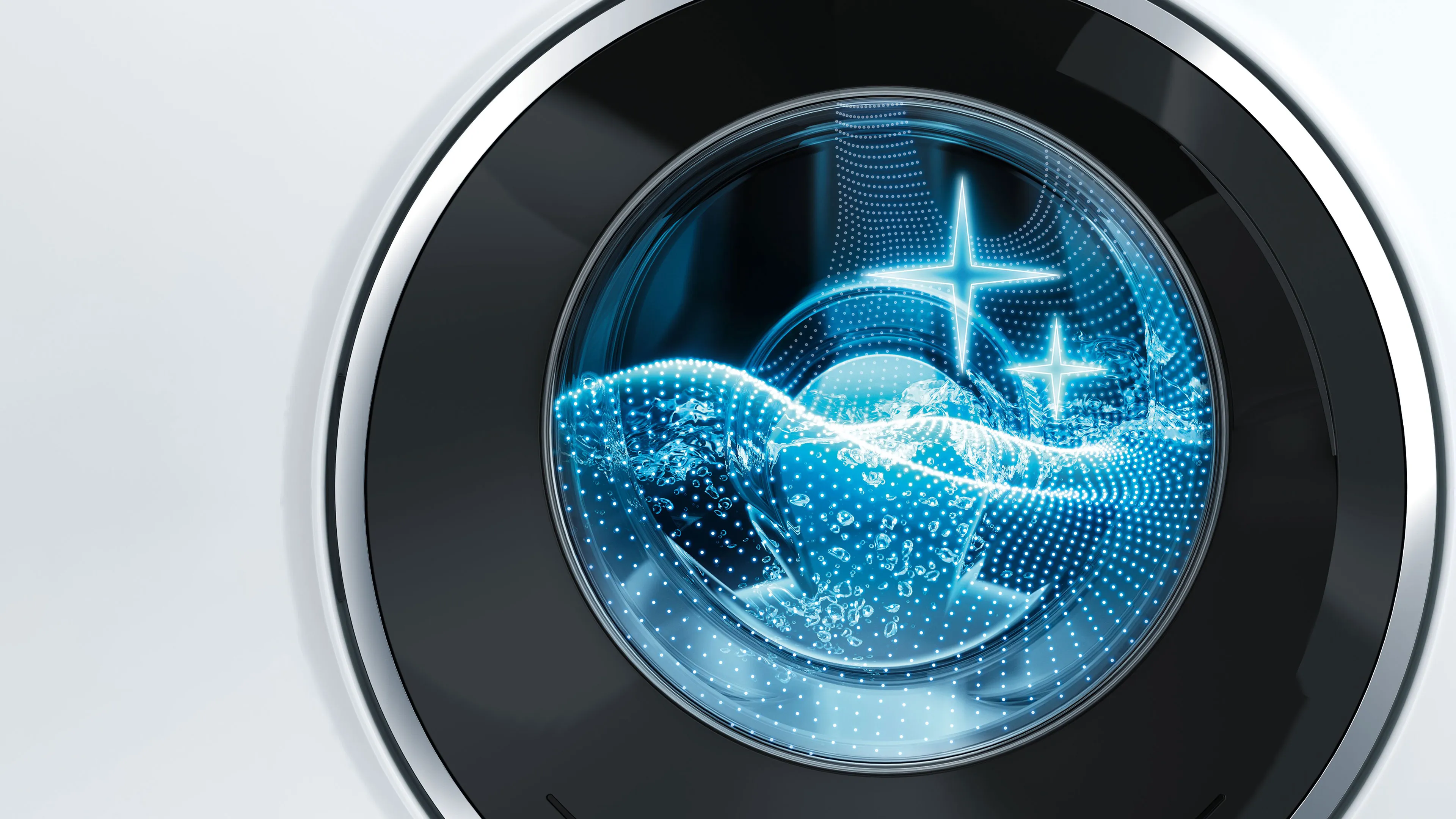 Futuristic washing machine drum with glowing blue digital pattern and sparkling stars.