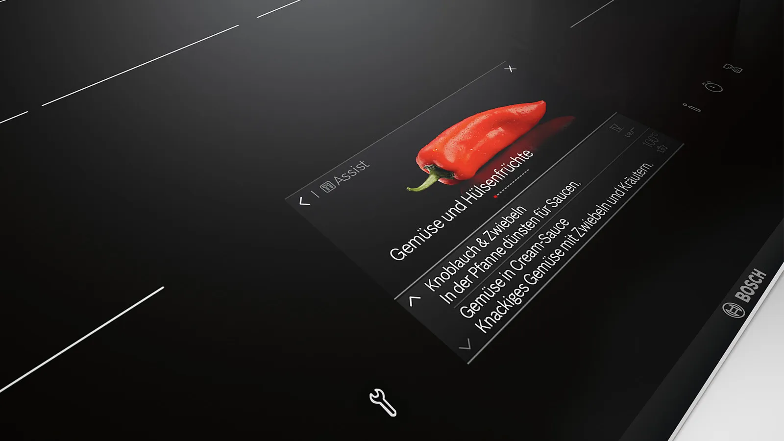 Funkcija Assist – vaš sous chef na kuhalni plošči za izbiro temperature in kuharske nasvete na indukcijski plošči Bosch accent line.