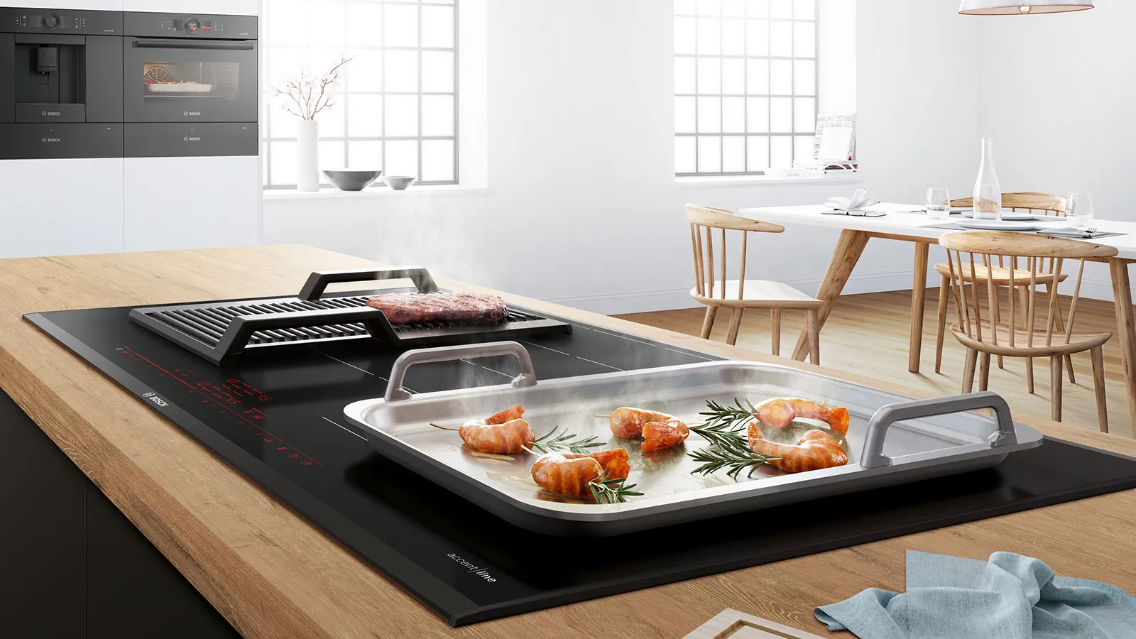 FlexInduction za enostavno združevanje kuhališč na indukcijski plošči Bosch accent line.
