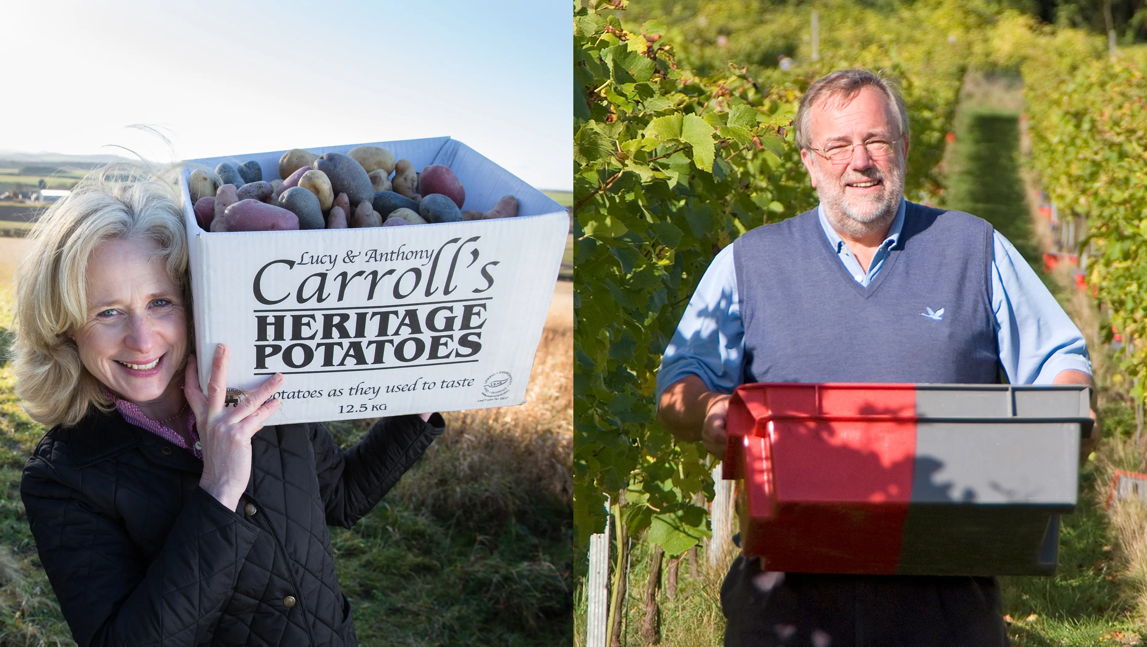 Two farmers proudly displaying freshly harvested potatoes and wine grapes. 