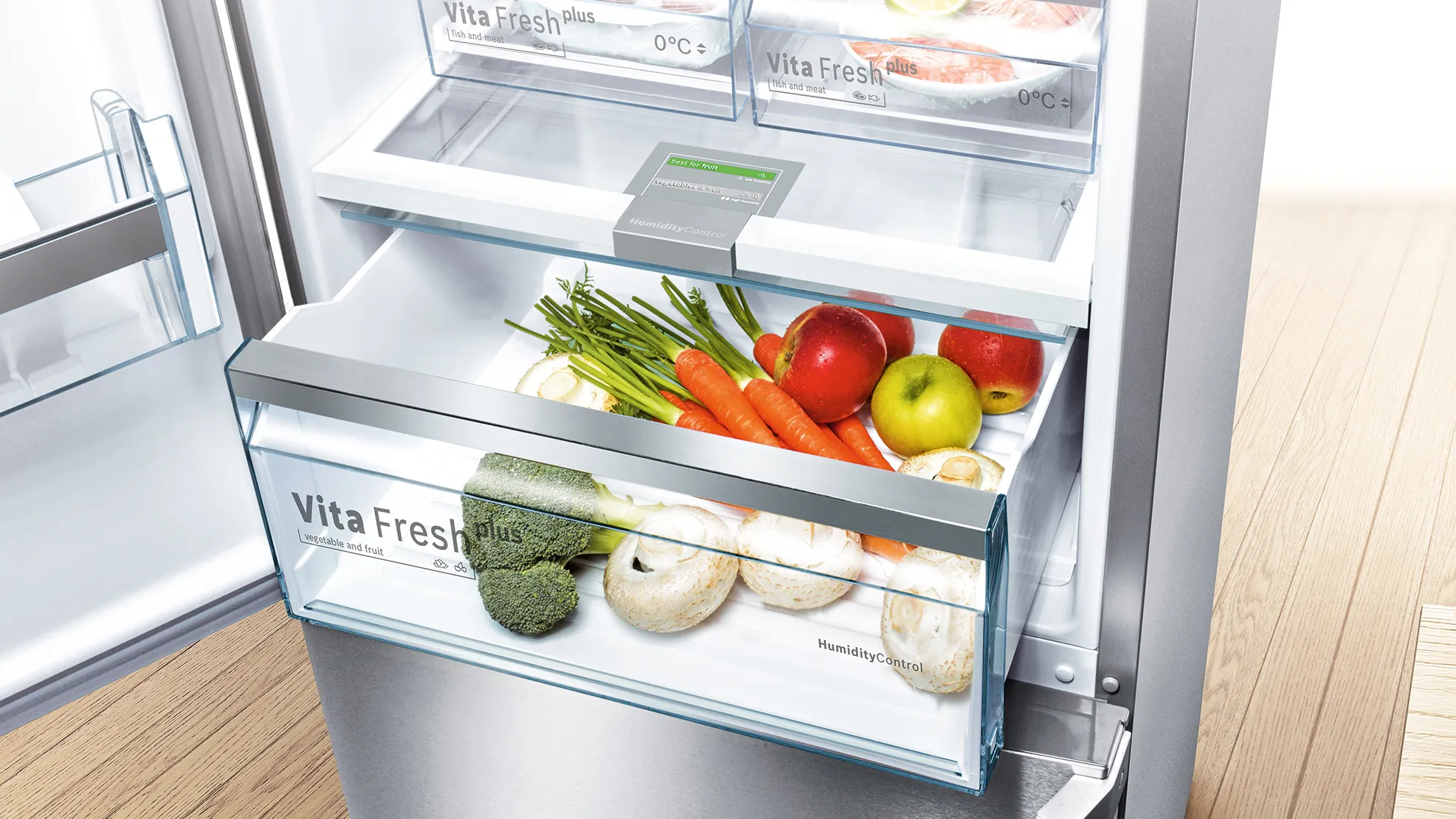 Fridge Freezer with drawers open showing food
