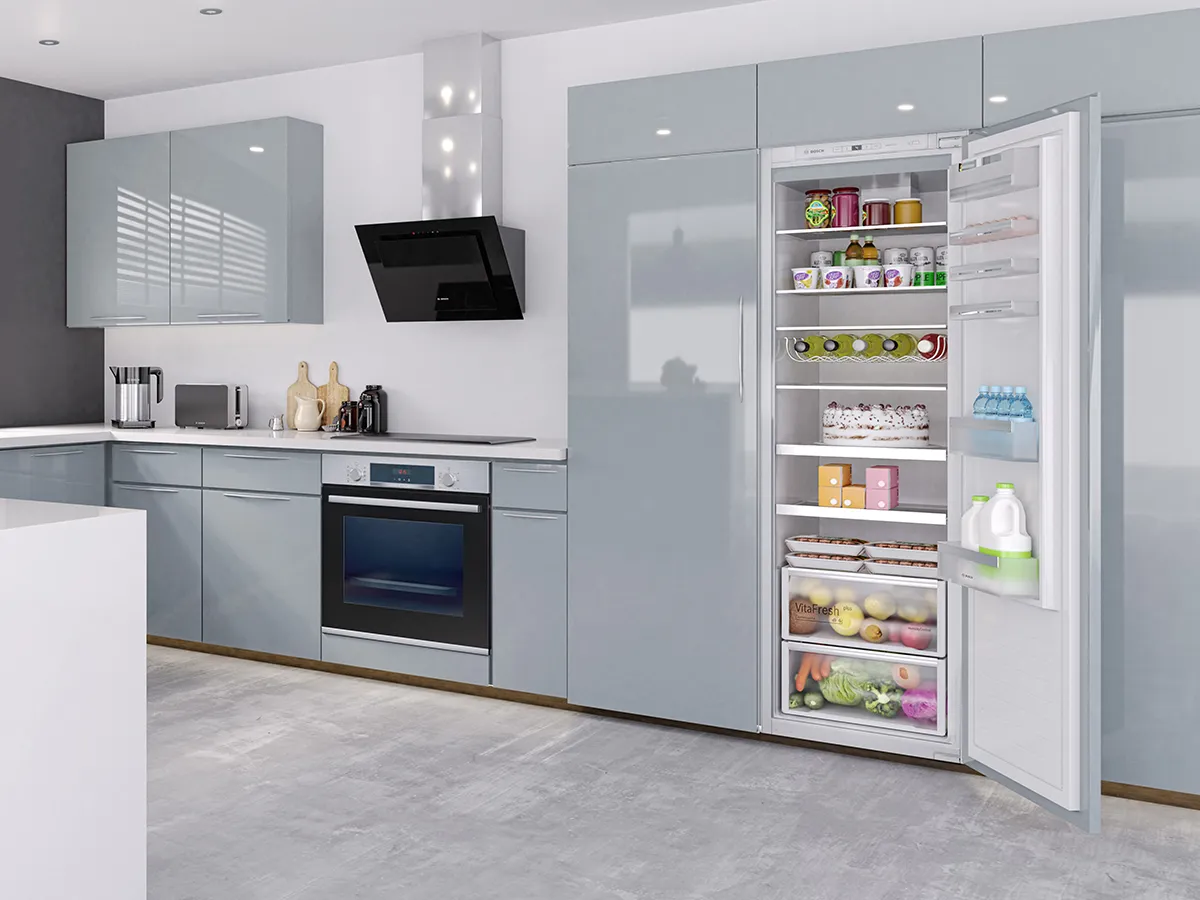 Bosch light coloured kitchen with open fridge freezer