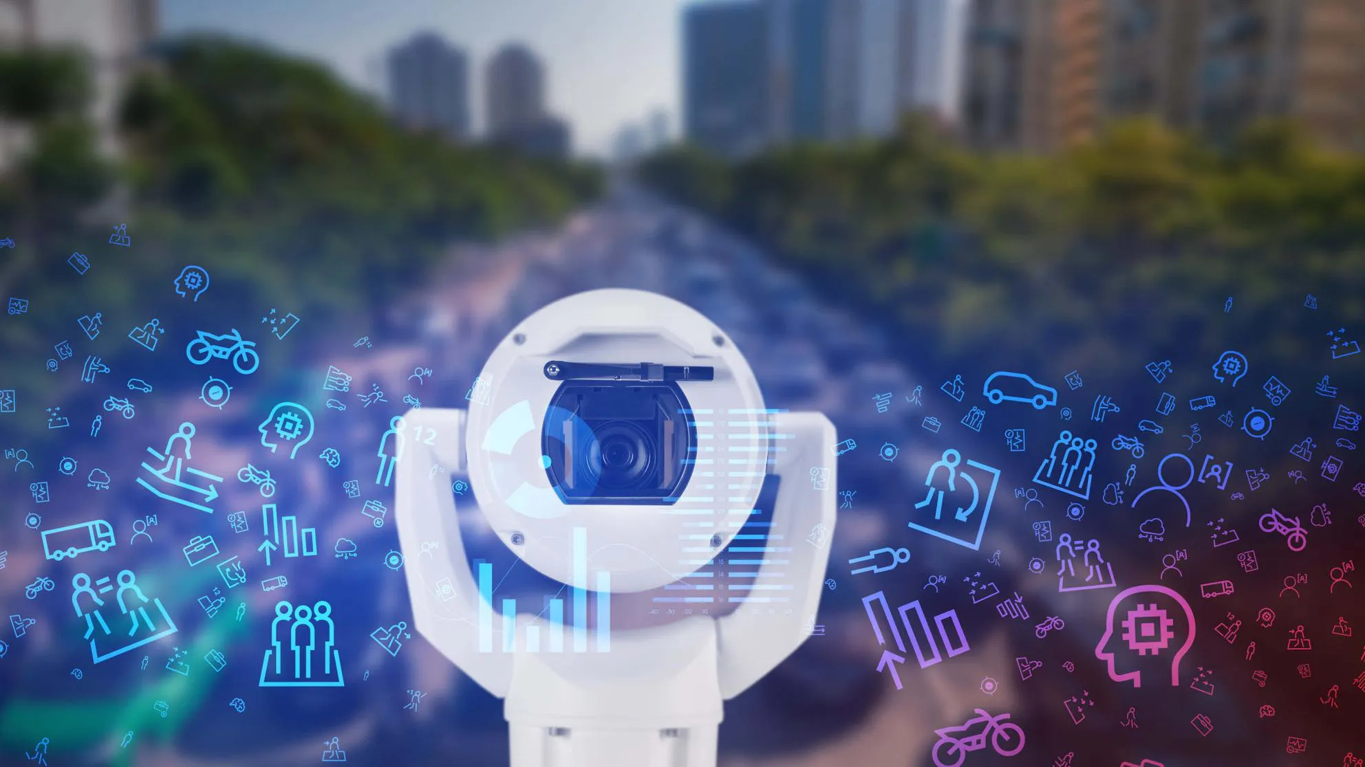 Cámara de seguridad futurista, horizonte urbano, iconos tecnológicos, análisis de datos, concepto de ciudad inteligente.