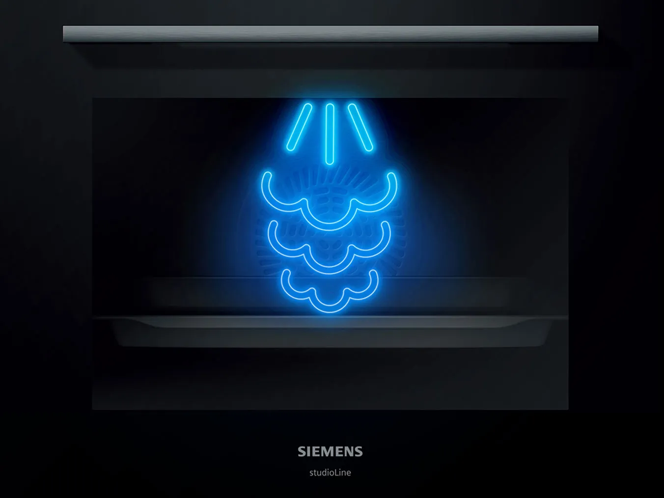 Neon blue wave-like symbol on a black background with "SIEMENS" text below.
