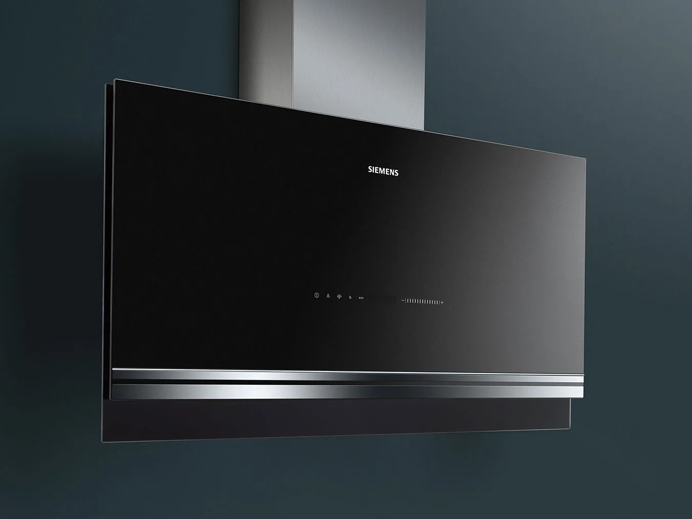 Black modern kitchen range hood with stainless steel trim.