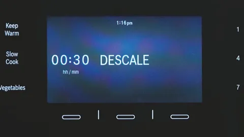 Bosch Microwave display showing "00:30 DESCALE" timer, with various cooking settings visible.