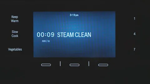 The image shows a Bosch digital display with the text "00:09 STEAM CLEAN" displayed on a blue background, along with various control buttons and settings.