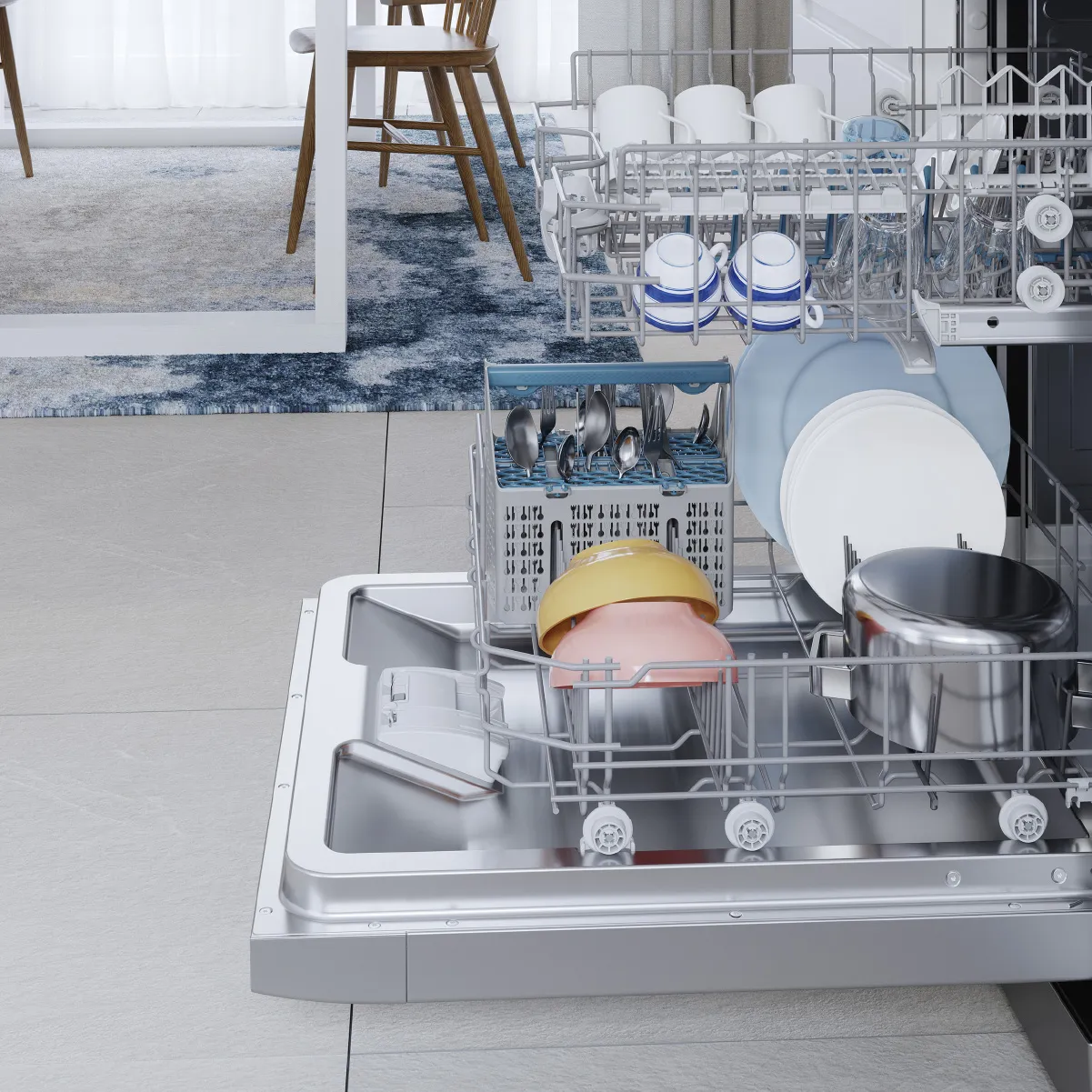 Εσωτερικό πλυντηρίου πιάτων με καθαρά πιάτα, φλιτζάνια, πιάτα και σκεύη, φόντο μοντέρνας κουζίνας.