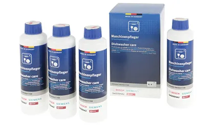 Household cleaning products, including bottles and a box, with blue and white color scheme.