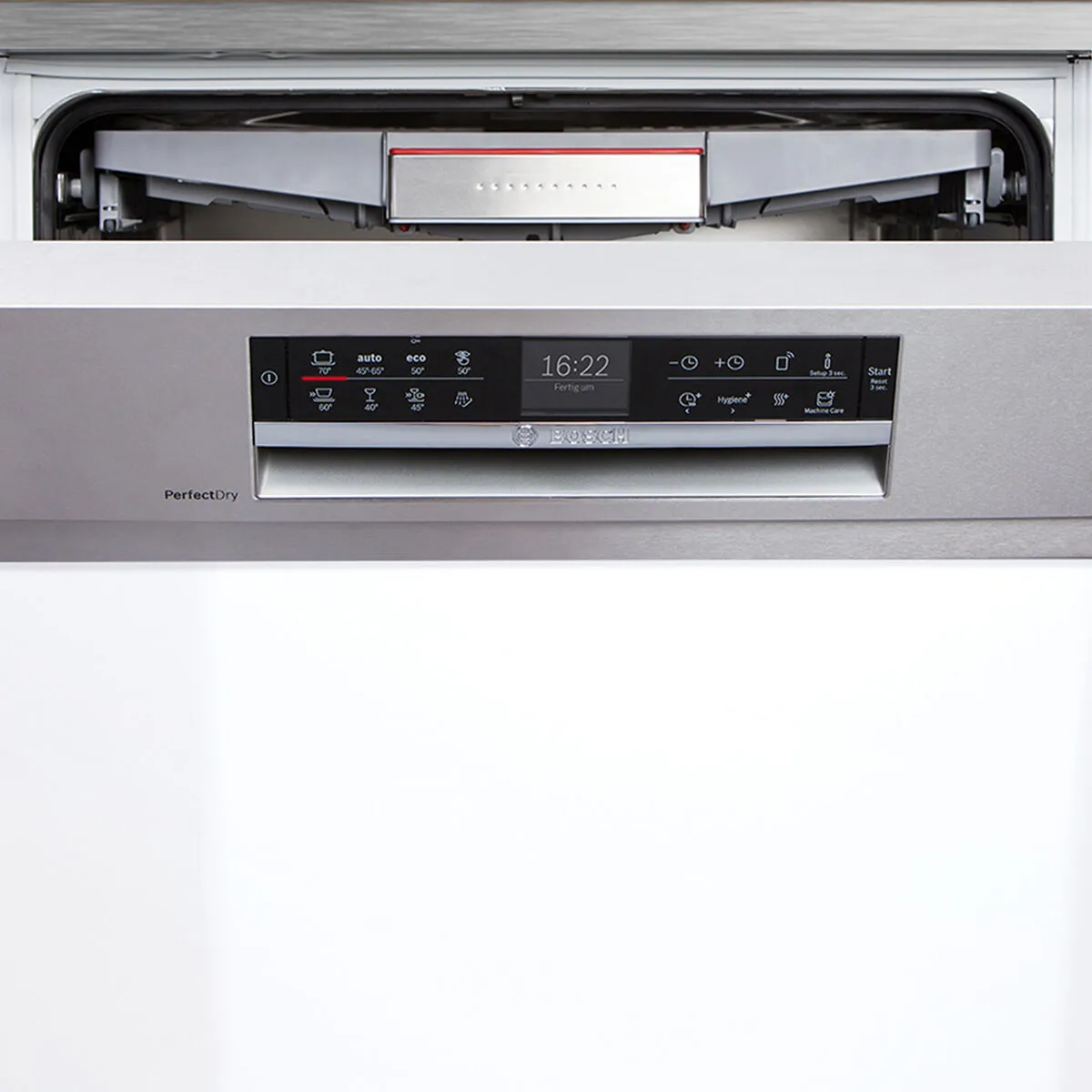 Bosch dishwasher control panel with digital display and multiple buttons for various settings.