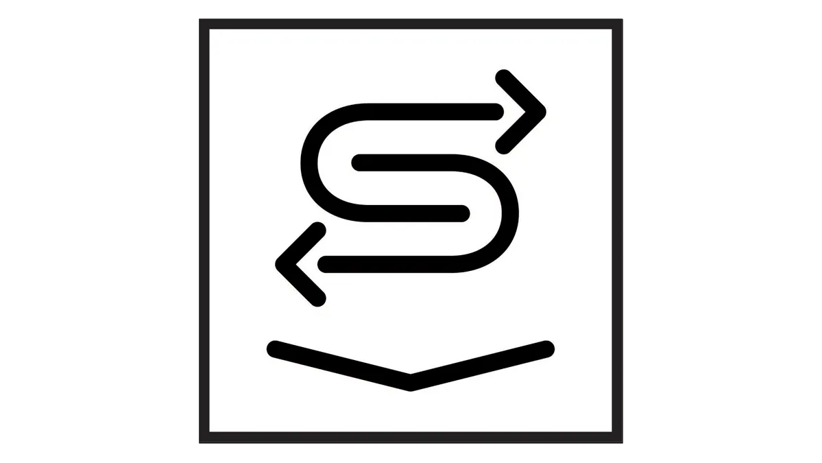 Black and white graphic symbol with arrows pointing in opposite directions within a square frame.