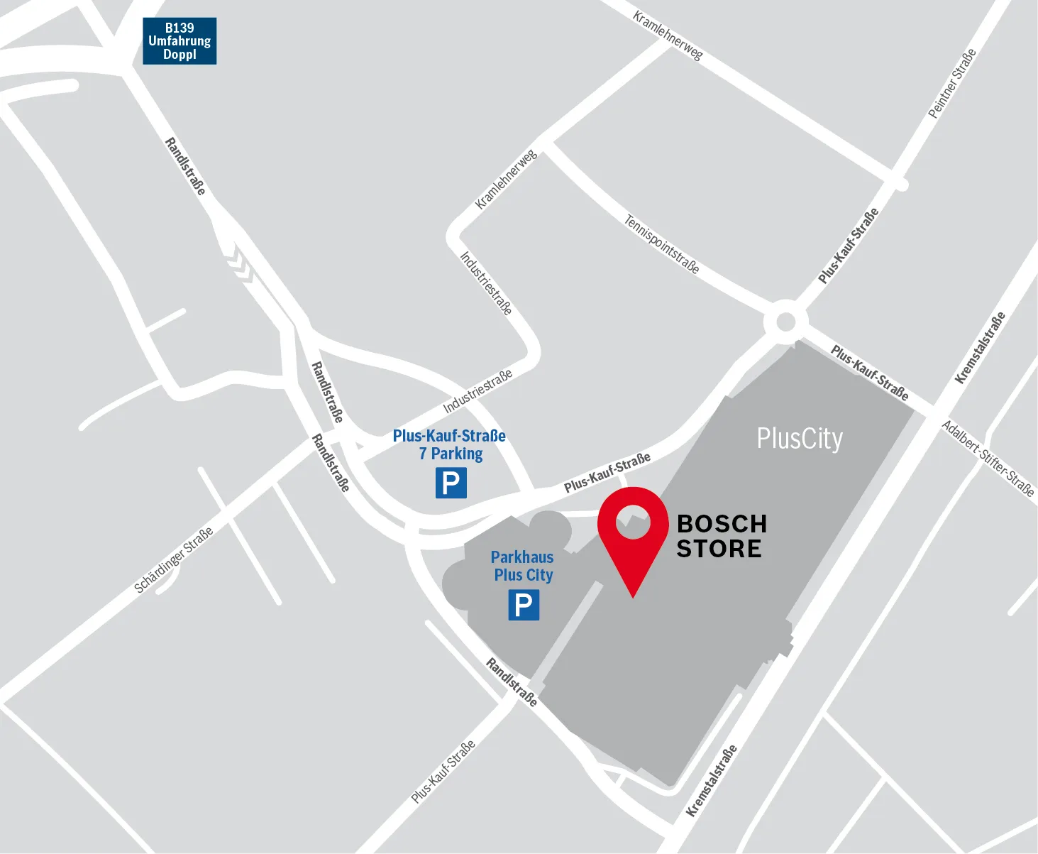 Karte mit Standort des Bosch-Geschäfts in Linz, Parkplätzen und umliegenden Straßen. In der PlusCity Plus-Kauf-Straße 7, Marcusplatz EG016 4061 Pasching.