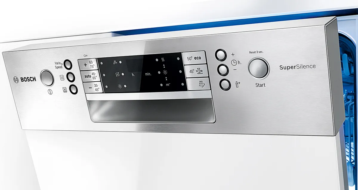 Bosch dishwasher symbols and settings on a stainless steel front dishwasher panel.