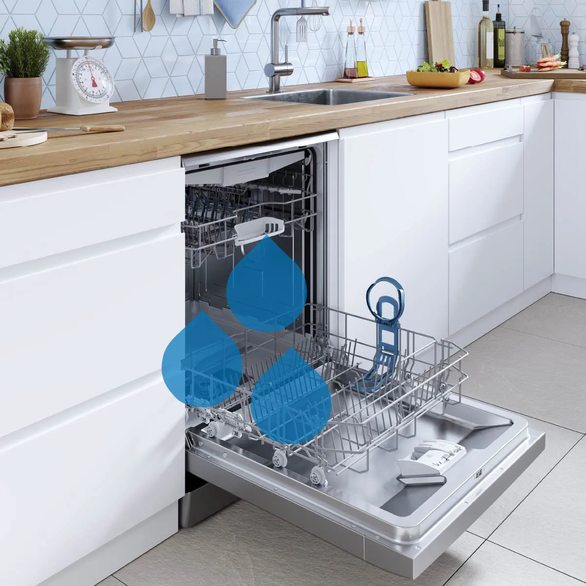 Μοντέρνα κουζίνα με ανοιχτό πλυντήριο πιάτων, καθαρά πιάτα, λευκά ντουλάπια και ξύλινο πάγκο με σκεύη και φυτά.