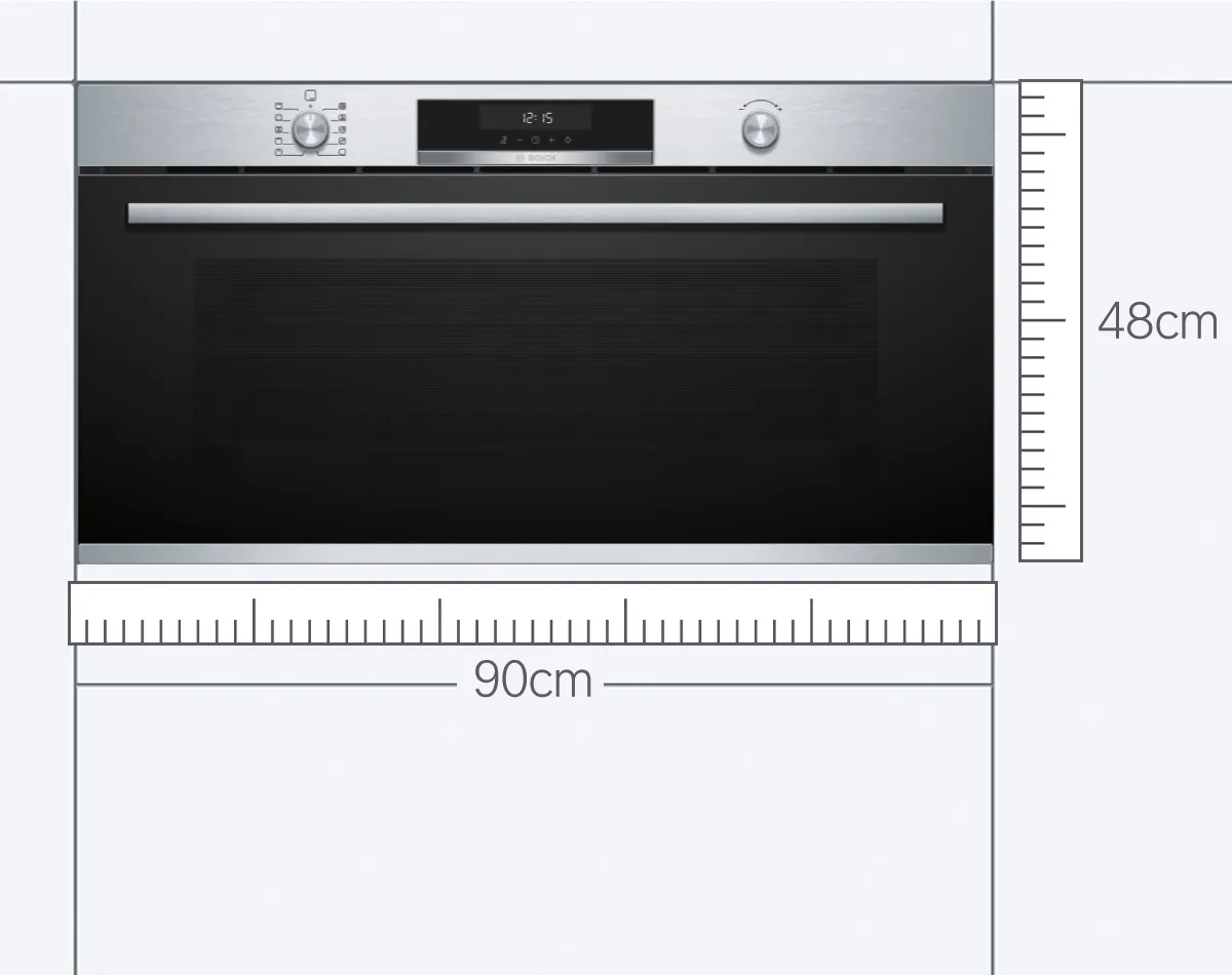 A Bosch XL oven with a blue measuring tape below.