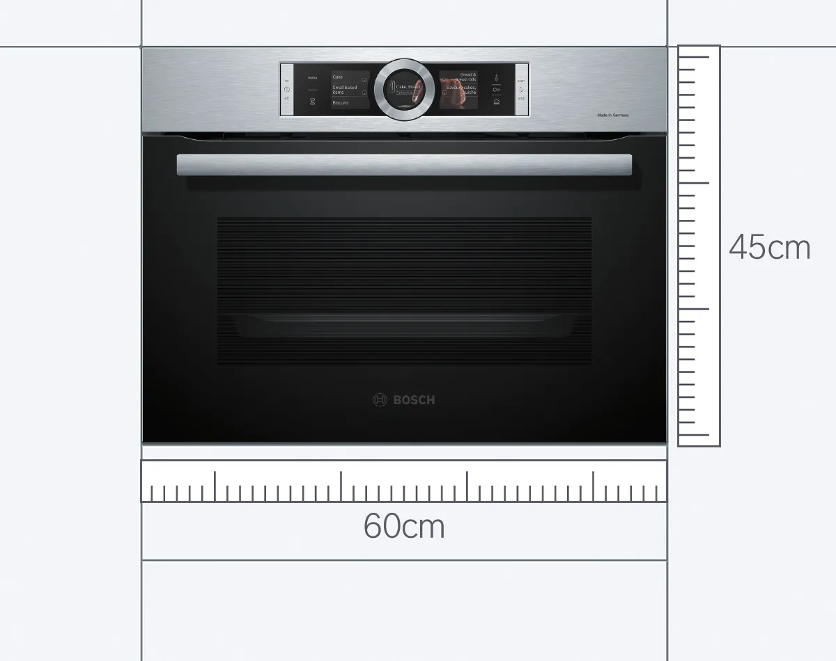 A Bosch 45cm high oven with a blue measuring tape below illustrating the size.