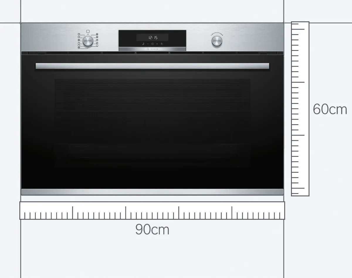 A Bosch XXL oven with a blue measuring tape below.