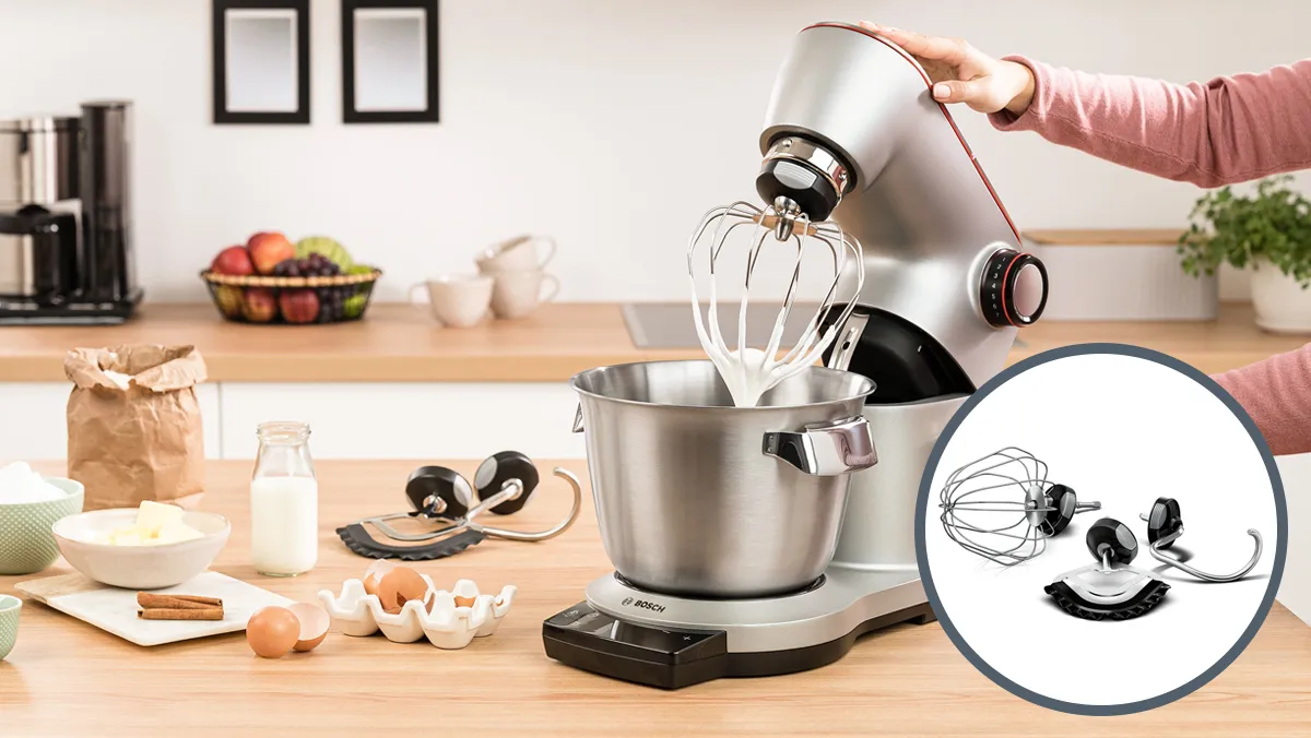 Contor de bucătărie cu stand mixer, ingrediente, și ustensile de bucătărie. Apropiaţi-vă de ataşamentul mixerului.