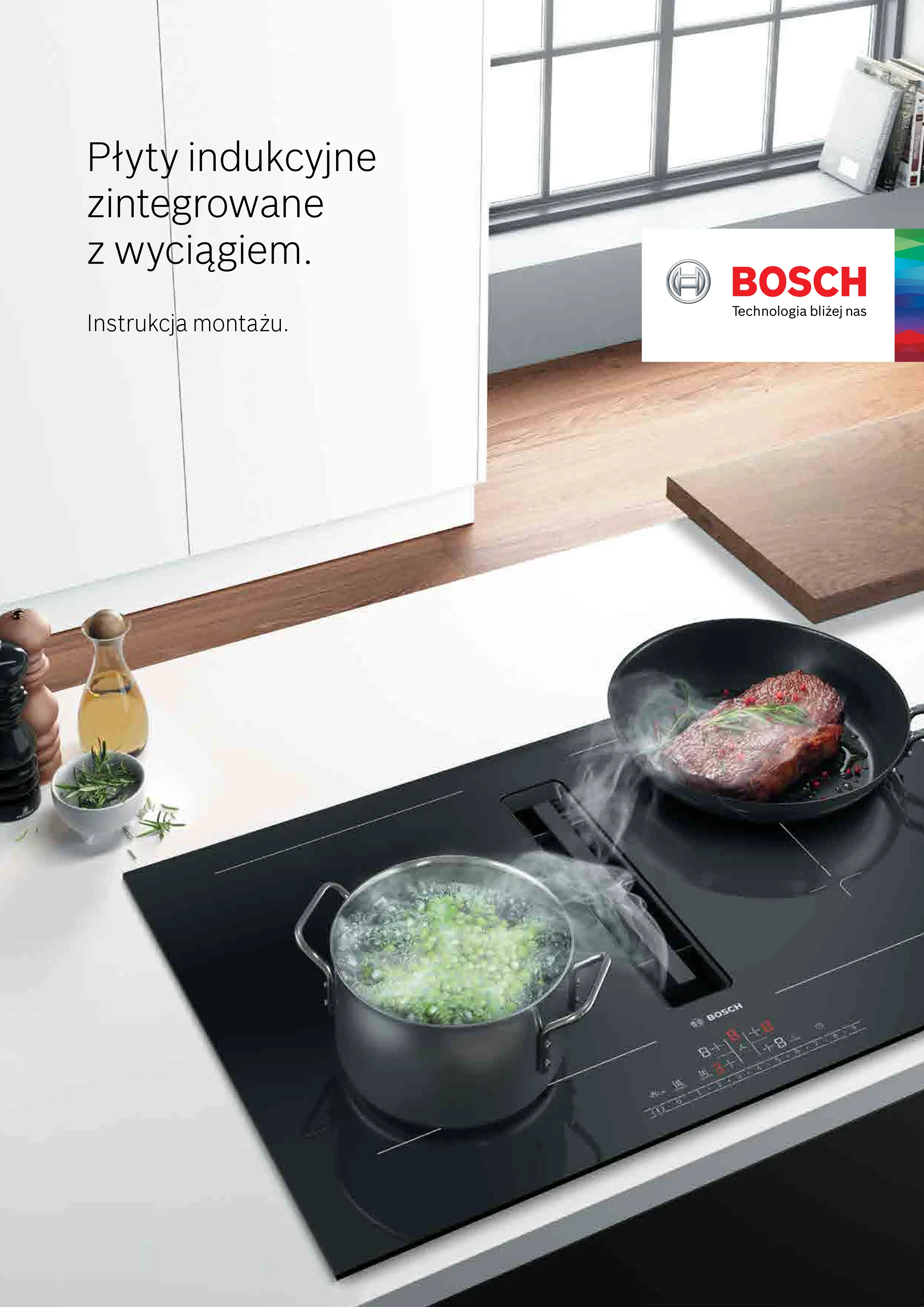 Urządzenia do gotowania, licznik kuchenny, naczynia do gotowania, logo Bosch, instrukcje gotowania, przygotowanie żywności.