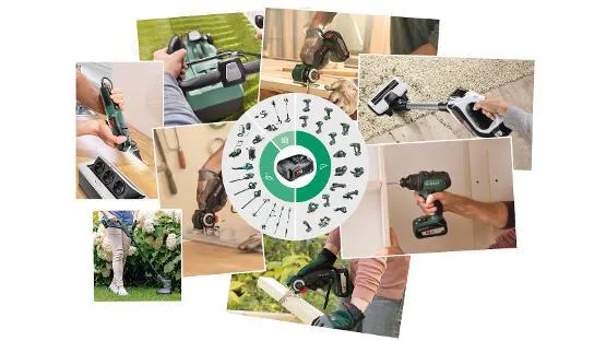 Mai multe imagini cu echipamente electrice casnice cu acumulatori utilizate in diverse situatii: gradinarit, reparatie, curatenie
