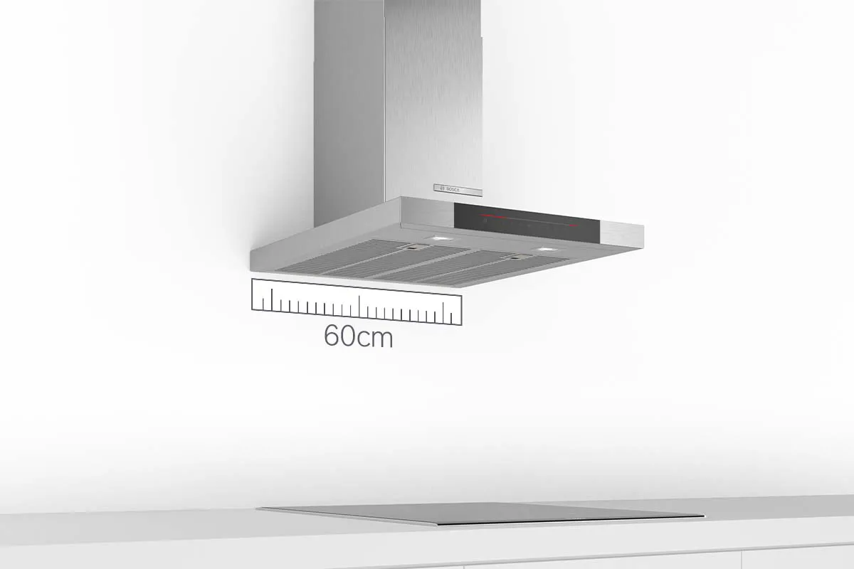 Stainless steel kitchen range hood with measurement scale, minimalist design.