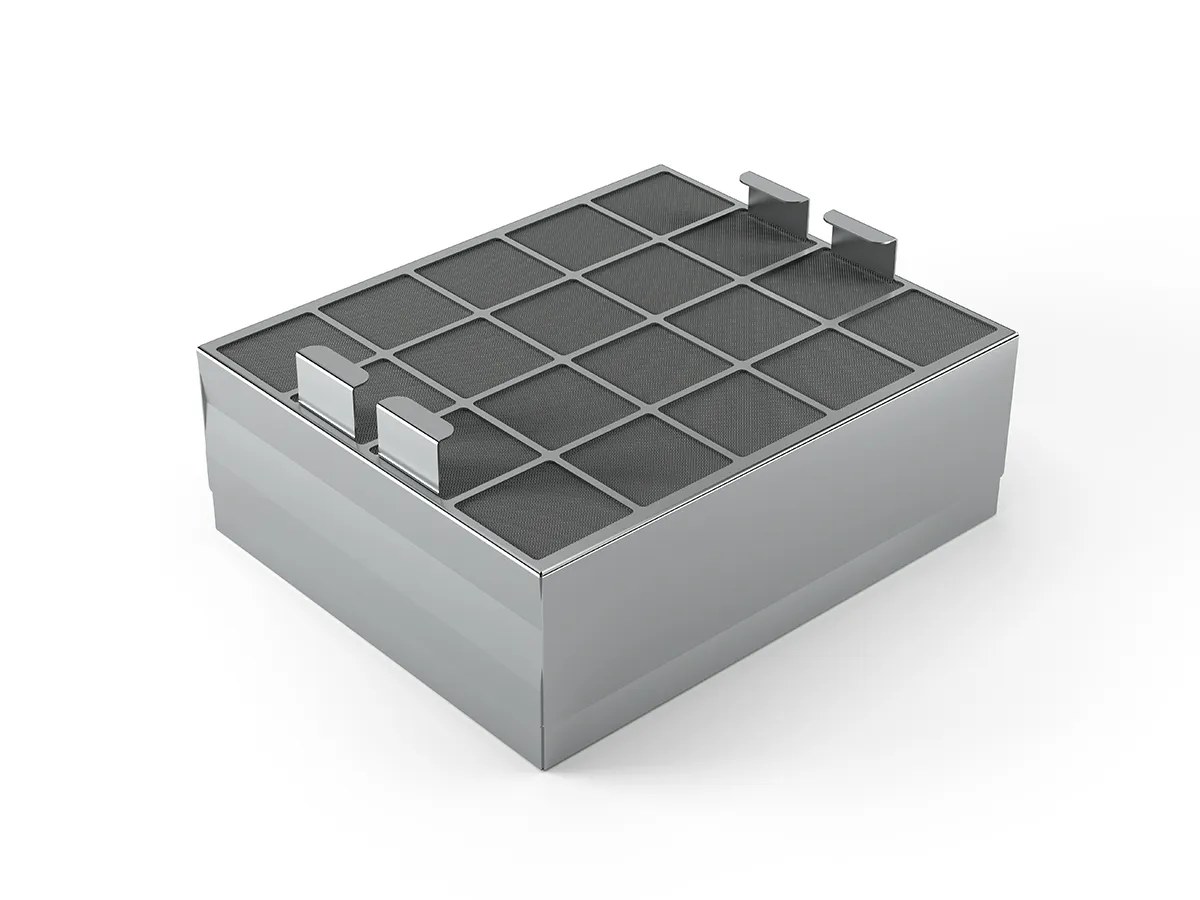 Rectangular metal container with grid-like compartments, likely used for storage or organization.