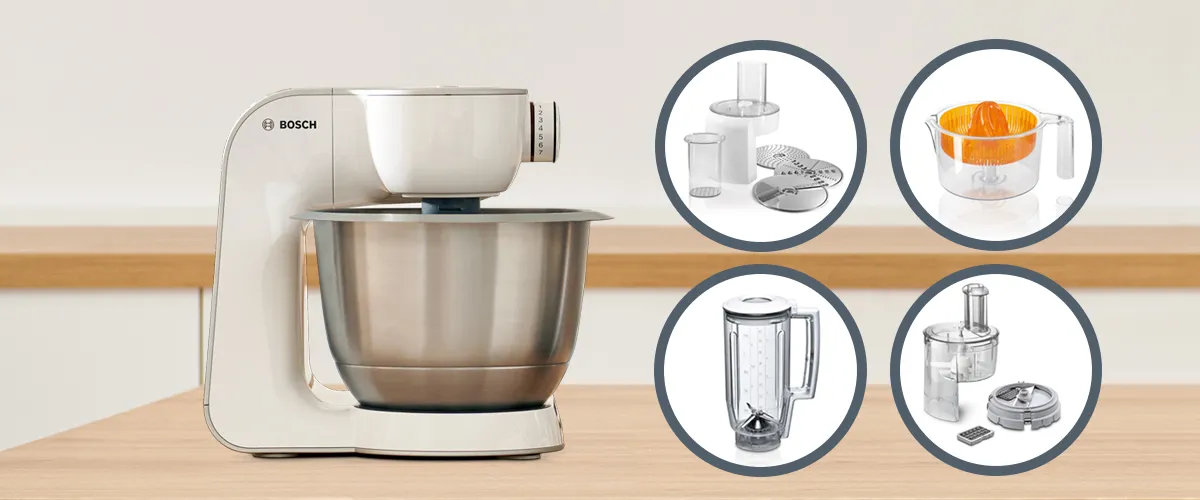 Bosch stand mixer attachenments at a glance on a kitchen counter.