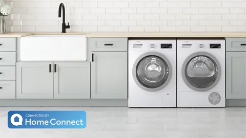 two under counter laundry appliances with home connect badge overlay