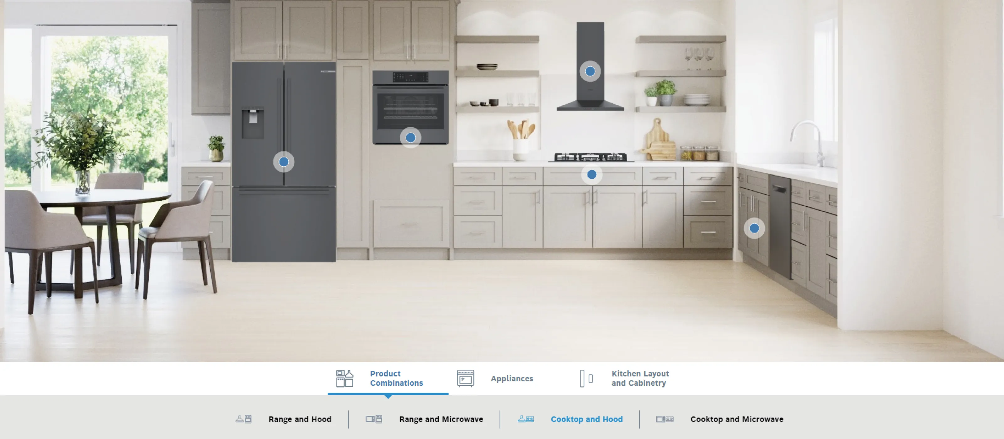 Modern kitchen with a Bosch fridge, oven, hood, and dishwasher. Neutral tones and large windows.