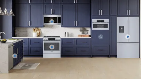Bosch Kitchen Configurator shot of Bosch Stainless Steel Appliances in L-shape Kitchen with blue cabinets