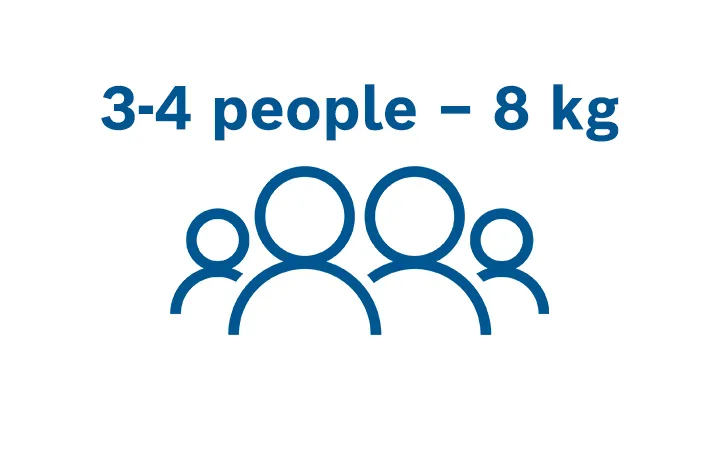 Group of 3-4 people with a total weight of 8 kg, represented by simple icons.