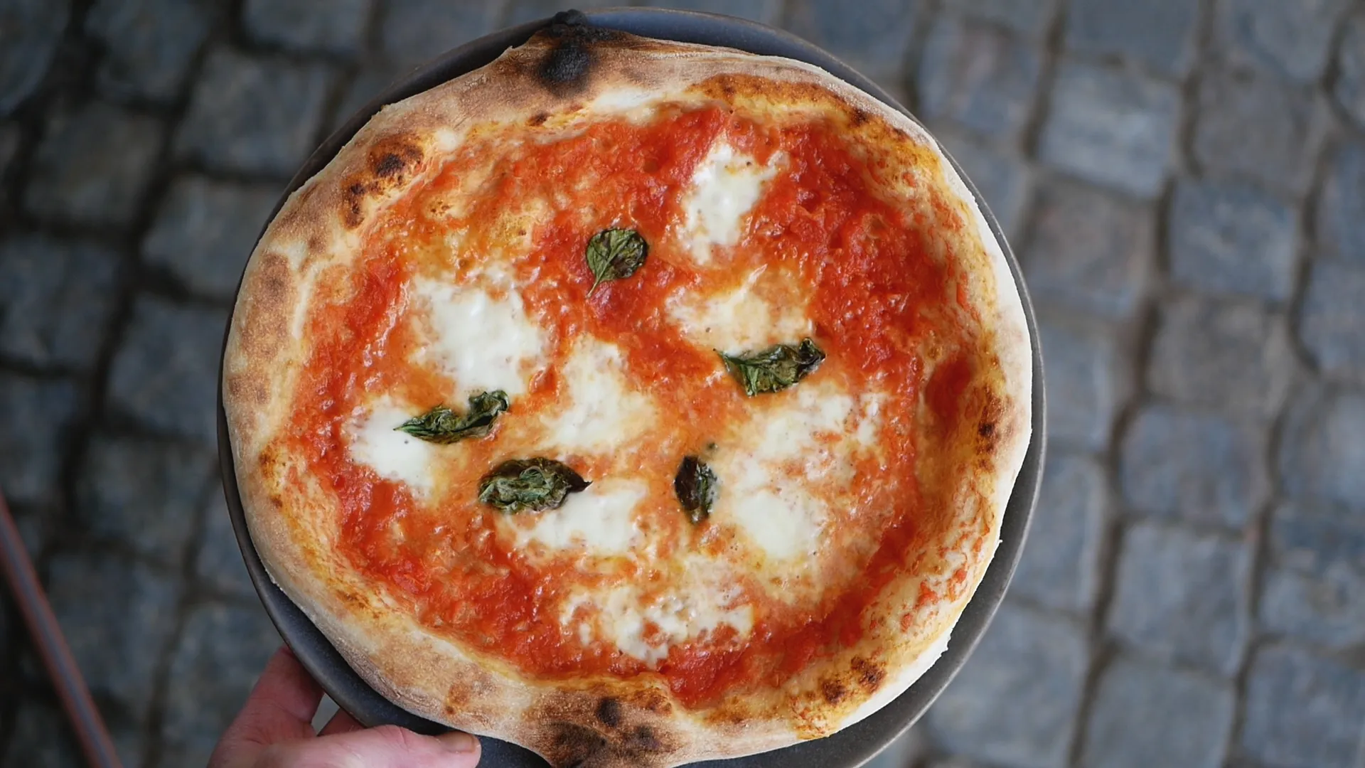 L\u00e4cker pizza med olika basilika och tomats\u00e5s