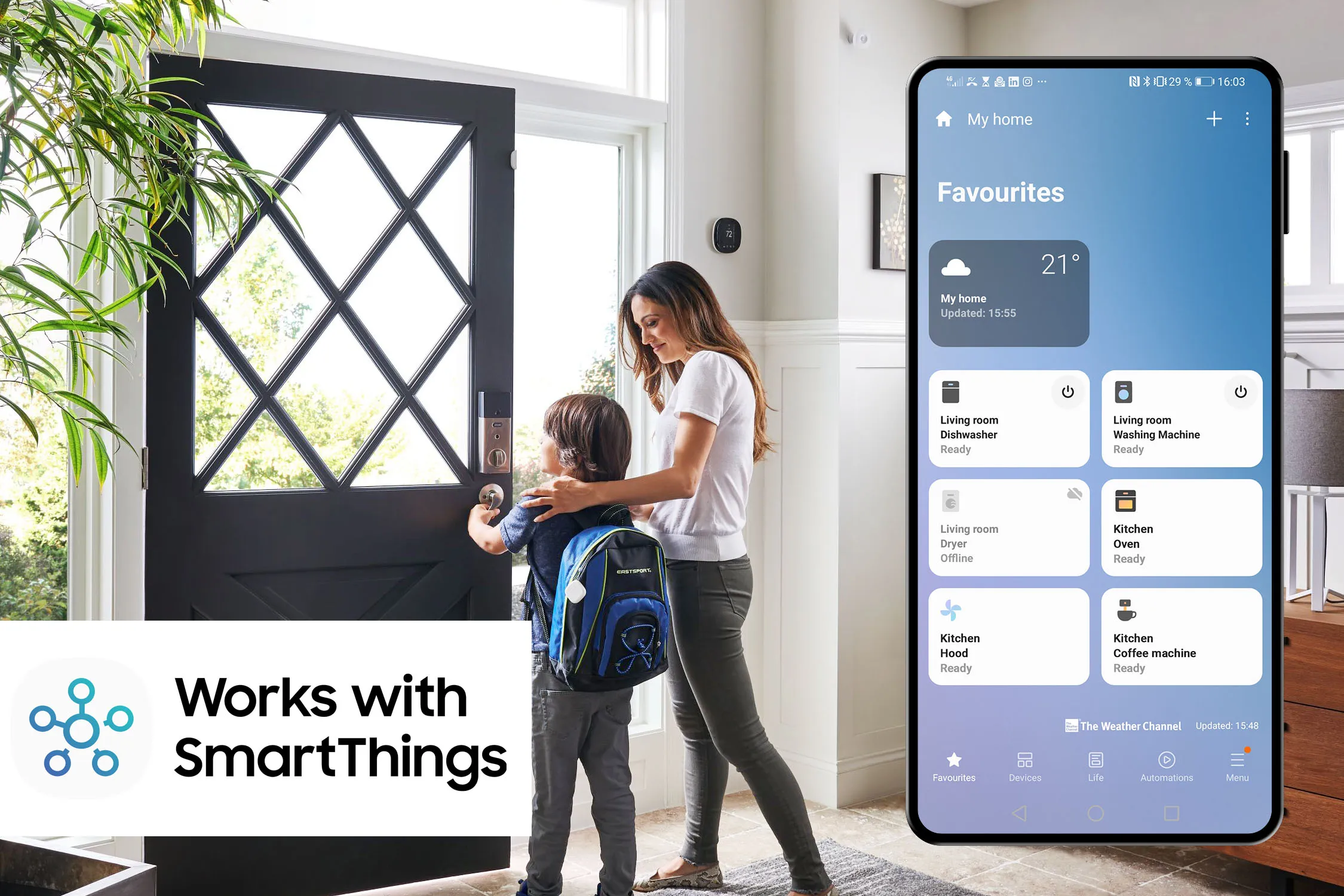 Woman and child by door with a smartphone showing SmartThings app features on screen.